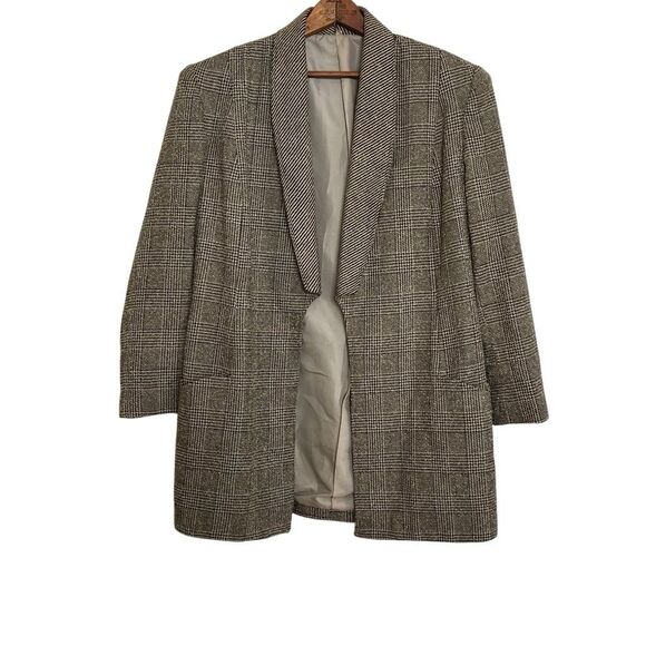 Vintage Glen Plaid Open Front Collared Long Sleeve Lined Blazer Tan Black Sz 13 - Picture 2 of 8